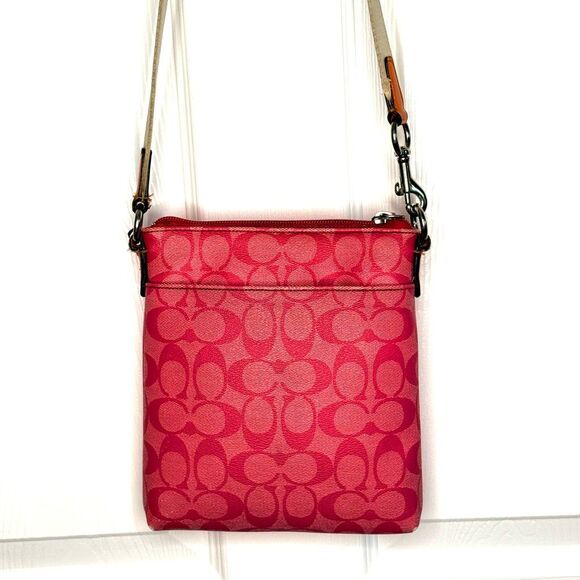 Coach Signature Stripe Crossbody Bag Pink Orange Canvas Leather Trim - Picture 4 of 8